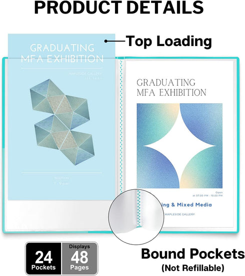 Dunwell 11x17 Portfolio Binder Folder, Aqua, Vertical, with Plastic Sleeves and Poly Cover