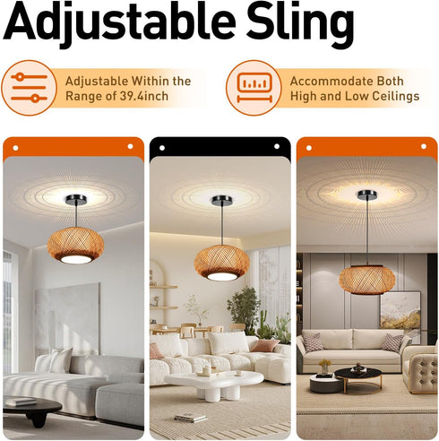 YUASDUU E26 Rattan Pendant Light, Boho Pendant Light Bamboo Pendant Light Handmade Woven Pendant Light Kitchen Island