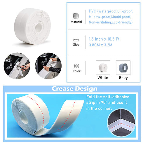 Caulk Strip - 1.5" x 10.5Ft Self Adhesive PVC Waterproof Sealing Tape for Bathroom Kitchen Toilet