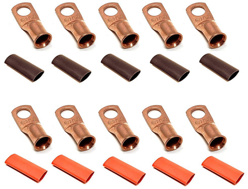 10pcs 2 Gauge 2 AWG x 3/8” Pure Copper Cable Lug Terminal Ring Connectors with Dual Wall Adhesive Lined Heat Shrink
