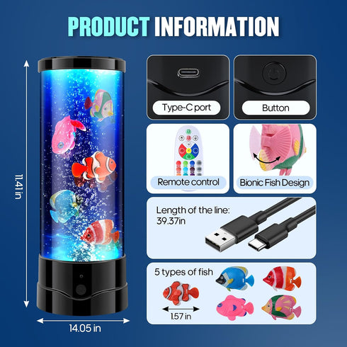 16 Bubble Aquarium Fish Table Lamp, Color Changing Sensory Night Light with Remote Control, Novelty Christmas Birthday