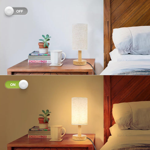 Shade,Cozy Small Bedside Table Lamp for Bedroom,Natural Round Wood Base&Fabric Linen Night Table Light for Study