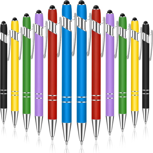 Tenare 12 Pieces 1.0 mm Black Ink Metal Ballpoint Pen with Stylus Tip, 2 in 1 Stylus for Touch Screens, Bright Color