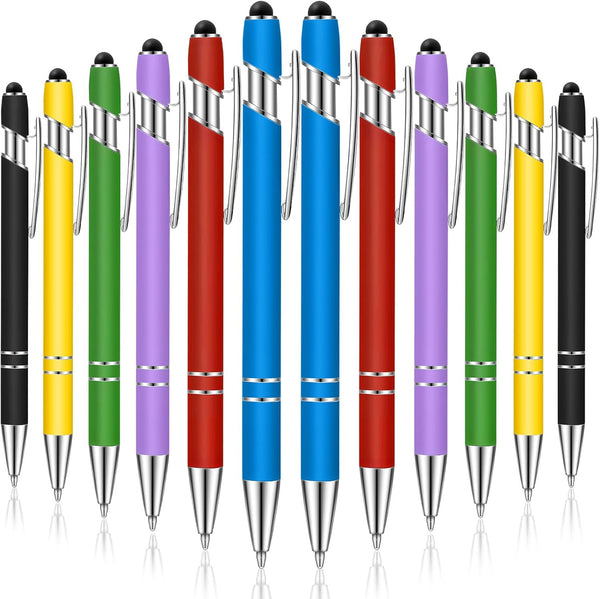 Tenare 12 Pieces 1.0 mm Black Ink Metal Ballpoint Pen with Stylus Tip, 2 in 1 Stylus for Touch Screens, Bright Color