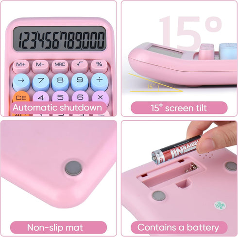 Mechanical Pushbutton Calculator, 12 Digit Large LCD Display, Big Buttons Easy to Press, Colorful Candy Calculator,