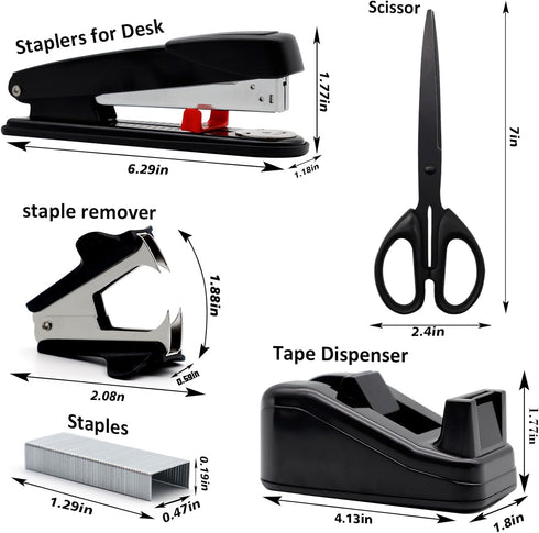 Black Office Supplies,UPIHO Black Desk Accessories,Stapler and Tape Dispenser Set for with Large Stapler,Tape Dispenser, Staple Remover, Staples, Clips,Scissor and Tabs,Gifts for Office Clerks by UPIHO