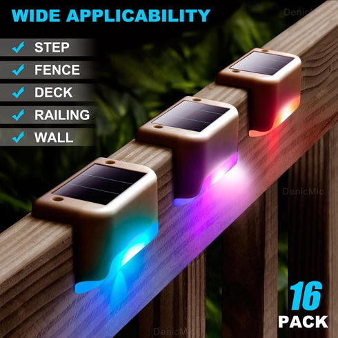 DenicMic 16 Pack Solar Deck Lights Outdoor Step Solar Lights Waterproof for Patio Fence Step Yard Stair RGB Color