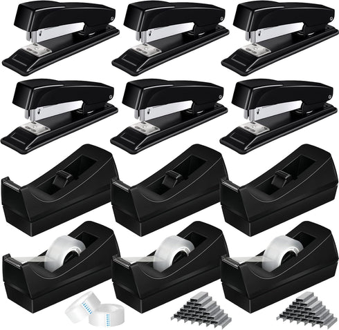 Thenshop 12 Pcs Desk Staplers Tape Dispensers Sets, Black Staplers with Standard Staples and White Tape Holder