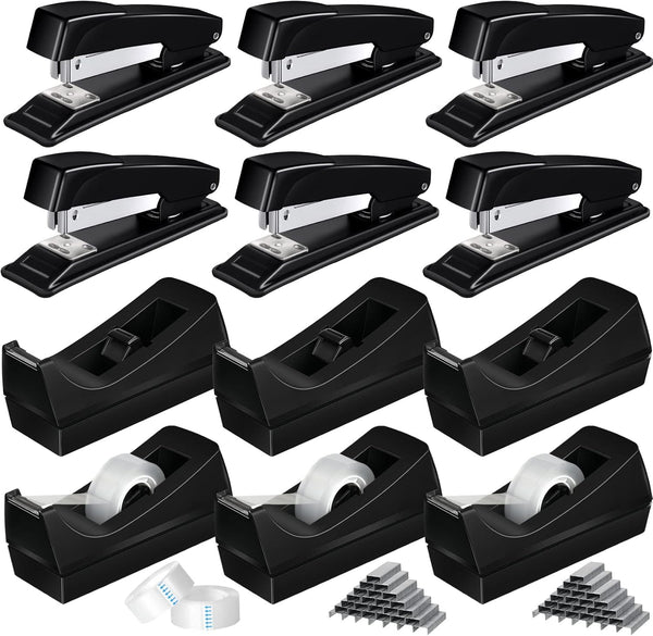 Thenshop 12 Pcs Desk Staplers Tape Dispensers Sets, Black Staplers with Standard Staples and White Tape Holder