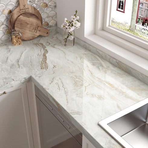 Gold Marble Contact Paper for Countertops, Shiny White Marble Peel and Stick Wallpaper for Cabinets