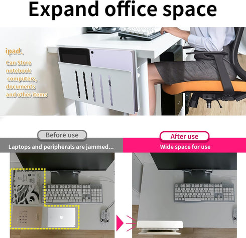 Desk Side Storage, No Drill Steel Hanging Organizer, Laptop Holder for Office & Home (White)