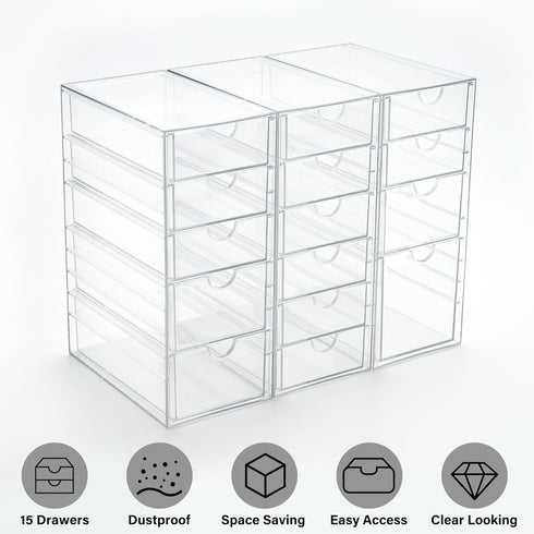 Prsildan Acrylic Drawer Organizer Set of 3 with 15 Drawers, Clear Stackable Storage for Makeup, Jewelry, Office