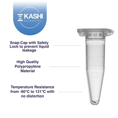 1.5mL Microcentrifuge Tube with Safe Lock Snap Cap, 500/Pack, Clear Graduation, Polypropylene, Plastic Lab Tubes
