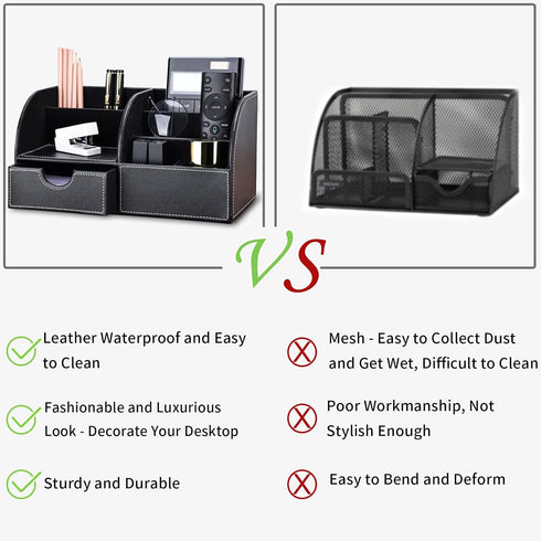KINGFOM Pu Leather Desk Organizer Caddy Storage Box for Office Supplies, 6 Compartments with Drawer, Black (Full Pu
