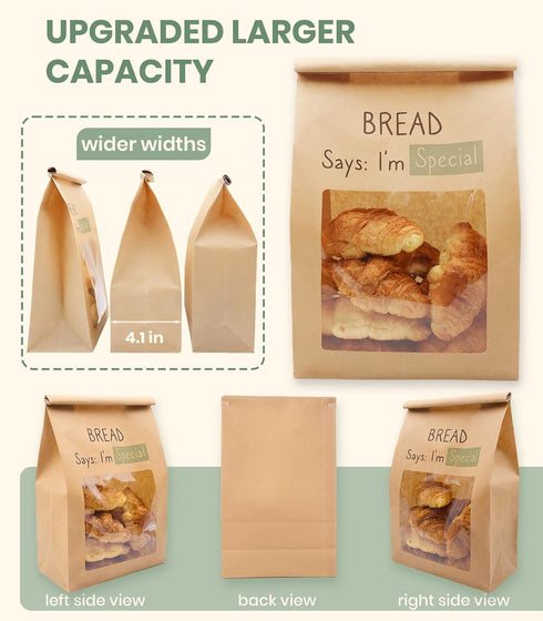 50PCS 2X Packaging 13.6x8.3x4.1in Thicker Brown Paper Bread Bags with Tabs | Kraft Homemade Sourdough Round Loaf