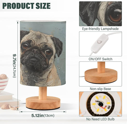 YYZZH Table Lamp Pug Dog Nightstand Lamp with Wood Base Fabric Lamp Shade Bedside Desk Lamp for Living Room Bedroom