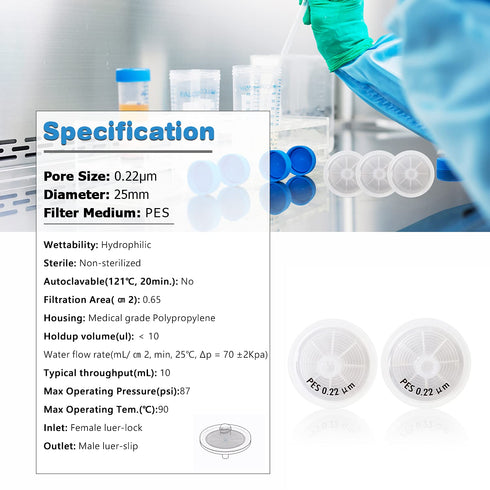 Allpure Biotechnology Syringe Filters, PES Membrane, Non-sterilized, 25 mm Diameter, 0.22 µm, Pack of 100