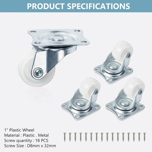 1" Low Profile Caster Wheels Set of 4, No Noise Casters for Furniture, 360 Degree Top Plate