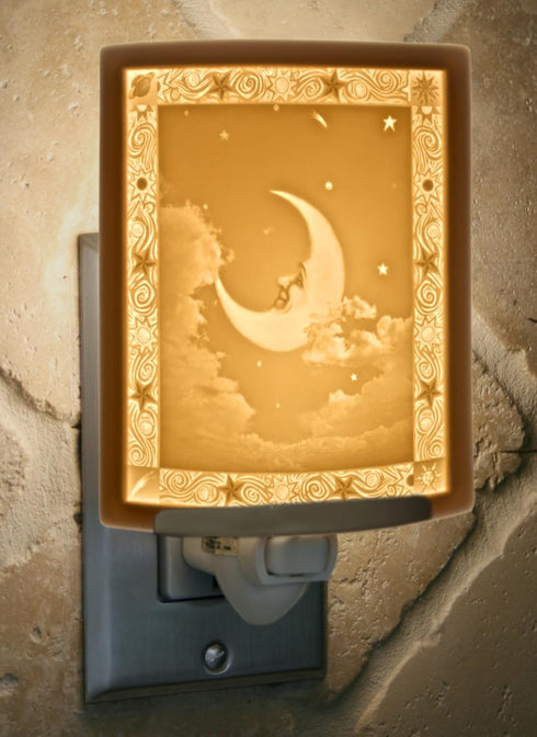 The Porcelain Garden Man in The Moon - Translucent Porcelain Lithophane Night Light, Wall Plug in for Kitchen, Bath