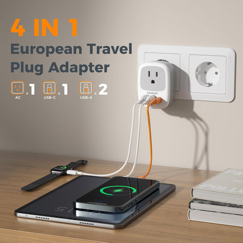 2 Pack 3 (1 European Travel Plug Adapter, TESSAN US to Europe Plug Adapter with USB Ports USB C), Type C Power Outlet