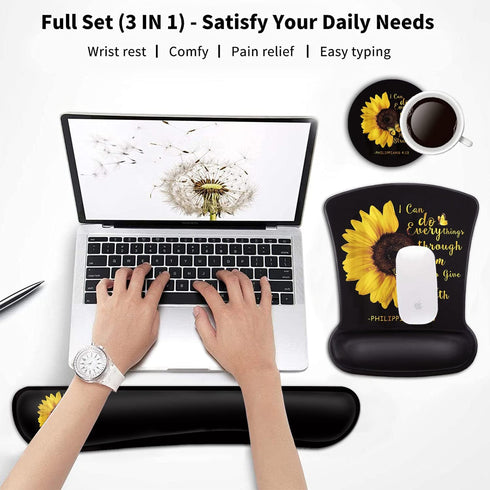 Keyboard Wrist Rest and Mouse Pad Wrist Support Set,Bible Verse Philippians 4:13 Sunflower Ergonomic Gel Mouse Pad,Easy Typing Pain Relief, Memory Foam Keyboard Mousepad Set with Coasters
