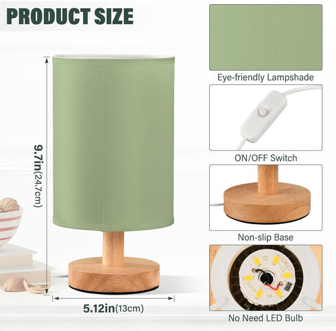 YEGAME Sage Green Solid Color Bedside Table Lamp for Bedroom Nightstand, Small Eye Care LED Desk Reading Lamp USB Port