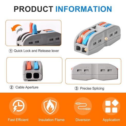50Pcs Wire Connectors Nuts, 2 Conductor Compact Splicing Electrical Connectors, 2 in 2 Out Lever Nut SPL-2