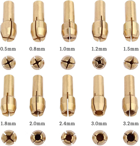 TOMALL Brass Collet Mini Electric Grinder Quick Change Drill Chuck Bit Sets 0.5-3.2mm (1/64 Inch to 1/8 Inch) Shank Diameter 4.3mm / 0.17'' for Rotary Tools (Pack of 10pcs)