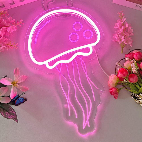 Dimmable Jellyfish Neon Sign for Bedroom Decor, Handmade Jelly fish Neon Signs for Wall Decor, Pink LED Seajelly Neon