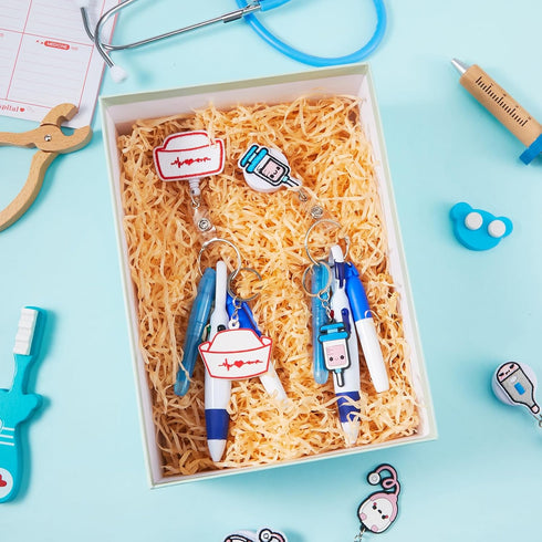 Henoyso 54 Pcs Mini Highlighter Nurse Pens Bulk with Keychain, Retractable Badge Reel, Marker Pen for Nurses Gift