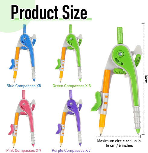 Zonon Student Math Geometry Compass, 6 Inch Bright Colored Precision Tool for School Supplies (30 Pcs)