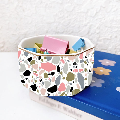 Ceramic Paper Clip Holder, Gold Line Dispenser, Cute Terrazzo Marble Pattern Office Binder Clip Holder