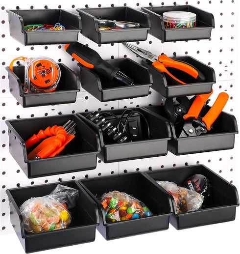 12 Pieces Pegboard Bins Kit, 3.5'' 5.5'' Plastic Storage Bins with Hooks for Organizing Hardware, Garage