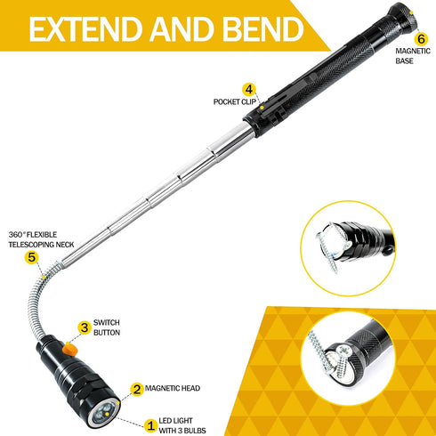 Magnetic Pickup Tool with LED Lights, Telescoping Magnet Flashlight, Cool Gadget for Men, Handyman, Husband, Dad Gifts