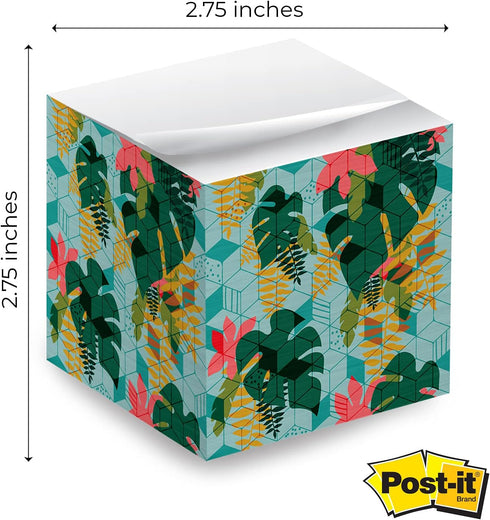 Tropical Sticky Note Cube, 2.75" Memo Block, Printed on 4 Sides, Boho Botanical Design