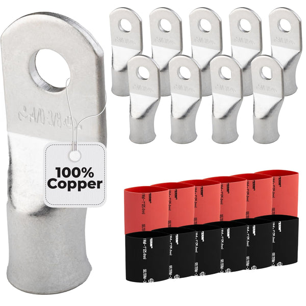 SELTERM 10pcs 4/0 Awg Battery Lugs with 12pcs 3:1 Heat Shrink Tubing, Heavy Duty Ring Terminal Connectors Kit