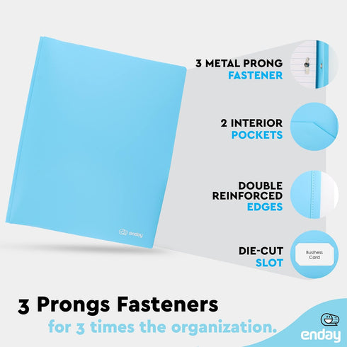 Plastic Folders with Pockets and Prongs, 6 Pc Blue Two Pocket Folder with Brads for Letter Size Sheets