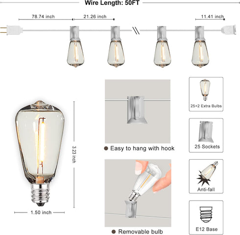 50FT Dimmable 27 Bulbs,Vintage DAMAING Outdoor String Lights Waterproof,LED Patio Lights with Bright Shatterproof Retro