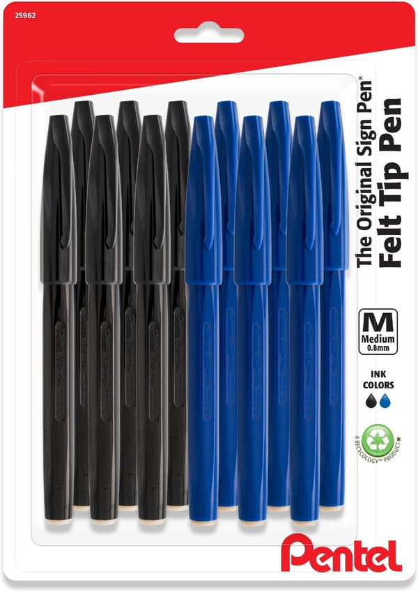 Pentel Sign Felt Tip Pens - Fiber-tipped, Box of 12 Felt Pens, 6 Blue and 6 Black Ink