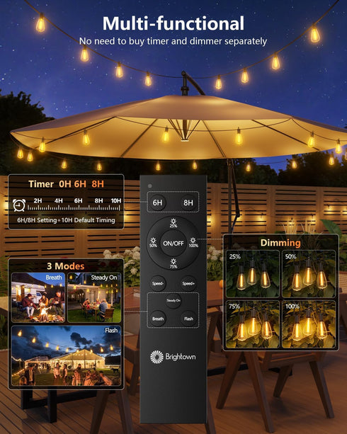 37FT 10+1 Bulbs, Dimmable 3 Commercial Brightown Solar String Lights Outdoor Waterproof with Remote, LED Shatterproof