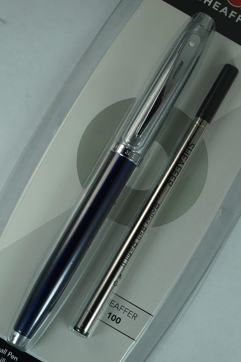Sheaffer 100 Pearlescent Metallic Blue Rollerball Pen with Nickel Appointments, Signature Mid Band and Dot of