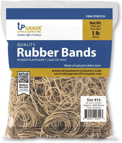 Rubber Bands, Upgrade Office Supply UPG22416, Size #16 (2-1/2" x 1/16"), Natural Crepe, Made in USA (1 Pound Bag)