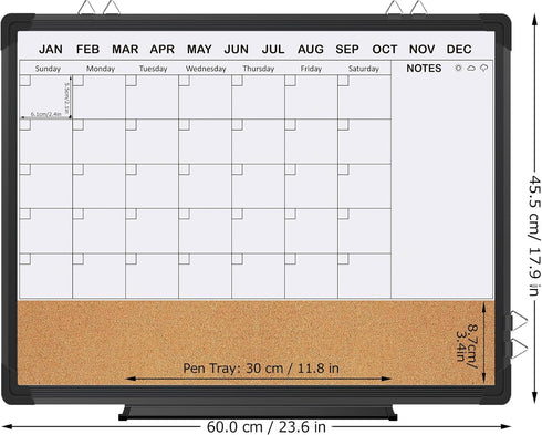 EAONE Monthly Calendar Whiteboard and Cork Board Combo, 24" X 18", Double-Sided Magnetic Dry Erase Calendar, Black