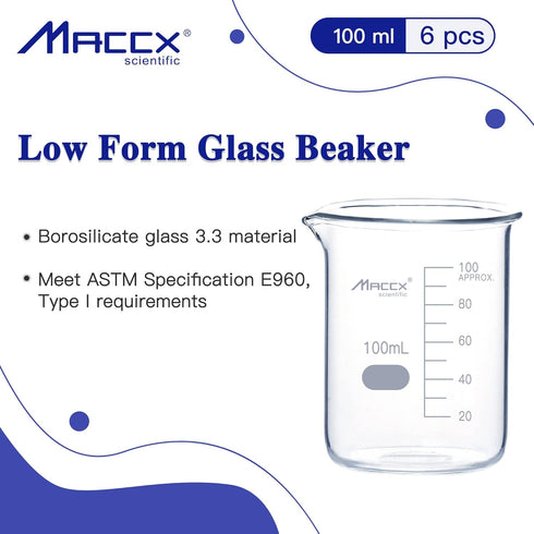 3.4oz (100ml) Sturdy Glass Beaker, 3.3 Borosilicate Griffin Low Form with Printed Graduation, Pack of 6