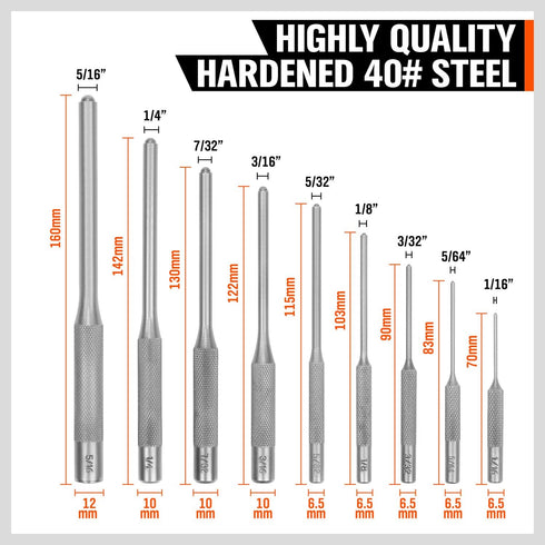 9-Piece Set Roll Pin Punch - Fast Pin Removal - Durable Steel & Construction - For Automotive, Firearm Maintenance