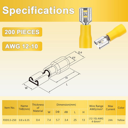 200 Pcs Yellow Female Quick disconnects Vinyl Insulated Spade Wire Connectors, Electrical Crimp Terminal 12-10 AWG (6.3mm)