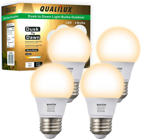 A15 Small Dusk to Dawn Light Bulbs, 4-Pack, 40W Equivalent, Warm White 3000K, E26 Base, Auto On/Off for Outdoor