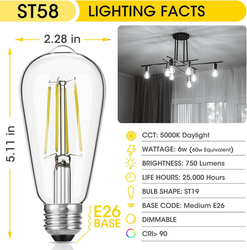 Vintage LED Edison Bulbs, 6W, Equivalent 60W, High Brightness Daylight 5000K, ST58 Antique LED Filament Bulbs with 90+ CRI, E26 Medium Base, Dimmable, Clear Glass, Pack of 6 by Gozelux