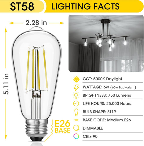 Gozelux Bulbs, 60W ST19, 6W E26 Bulbs, 750 5000K Pack 4 LED Edison Equivalent Efficient LED, Medium Base Light High
