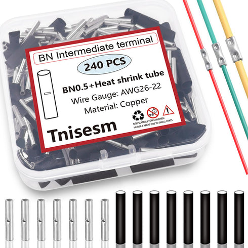 Tnisesm 240 Pcs Non Insulated Butt Connectors, 26-22 AWG Gauge Electrical Wire Seamless Uninsulated Crimp Ferrule